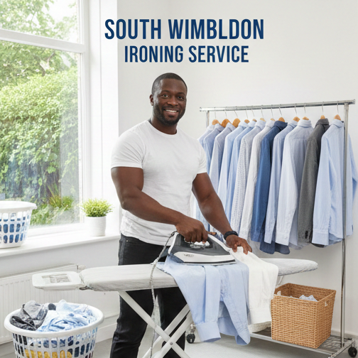 Professional ironing service at The Big Wash South Wimbledon showing staff member pressing blue shirt at ironing board with rack of freshly pressed shirts and laundry baskets in bright home-style setting